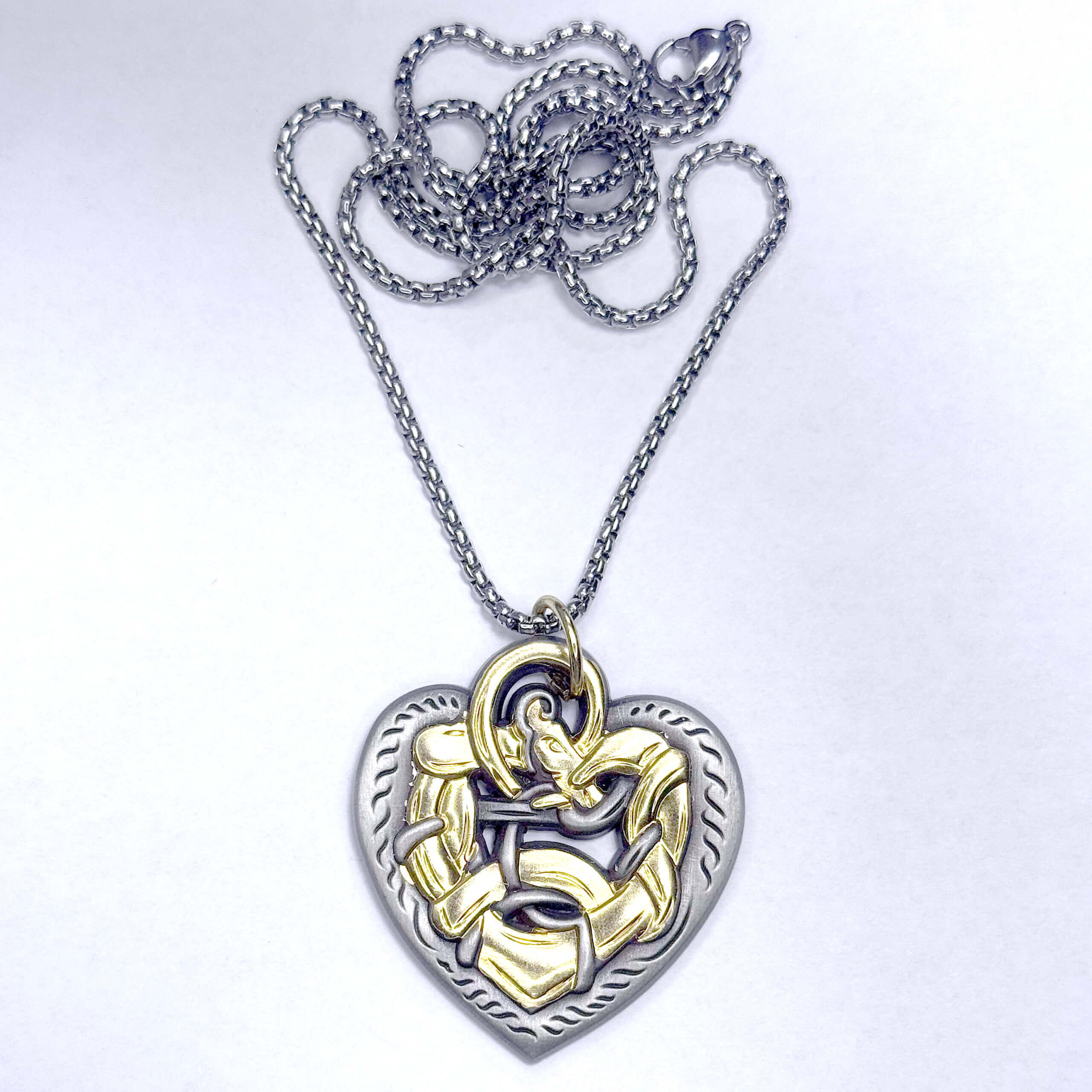 Celtic Dragon Heart Gold and Sterling Silver Necklace Jewelry with Chain