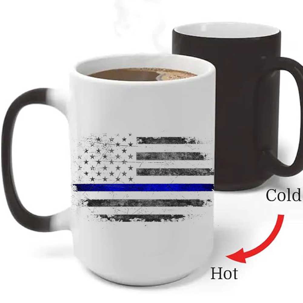 Thin Blue Line US Flag Police Law Enforcement Heat Activated Coffee Mug