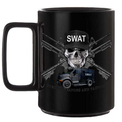 SWAT Skull and Crossed Rifles Police Law Enforcement Black or White 15 oz Custom Coffee Mug