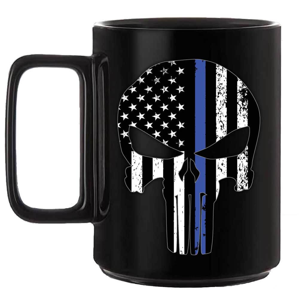 Punisher Skull Thin Blue Line US Flag Police 15 oz Black Coffee Mug