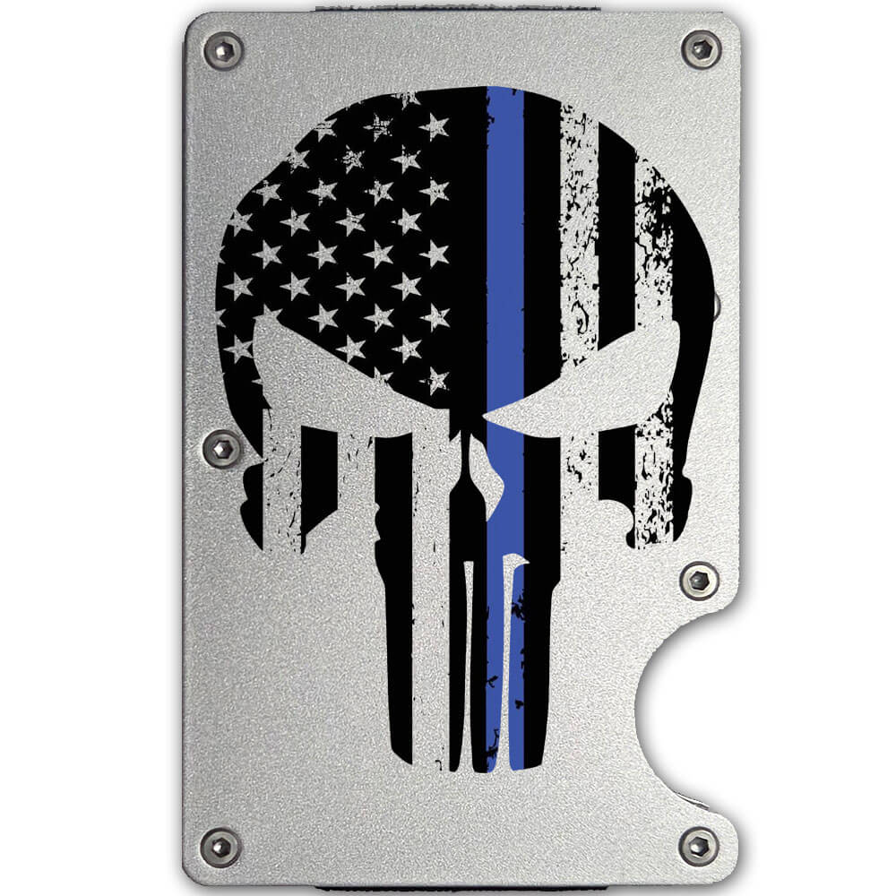 Punisher Skull Thin Blue Line US Flag Metal-Plate Cardholder Police Men’s Wallet